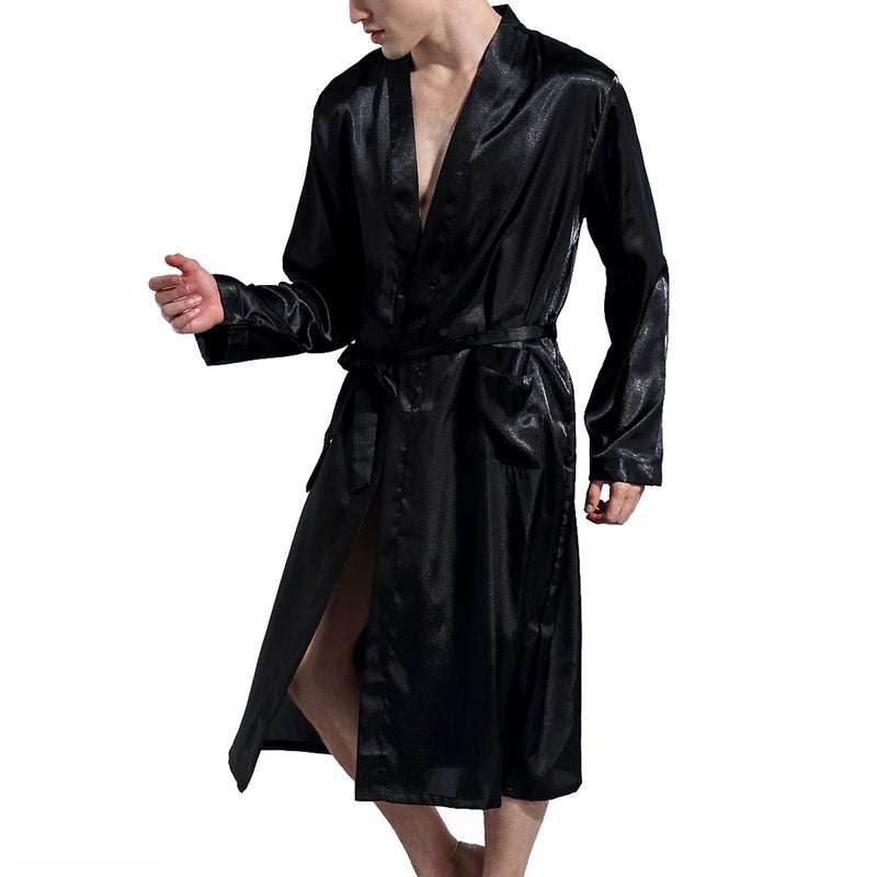 Lu's Chic Men's Silk Robe Lightweight Satin Kimono Summer SPA Lounge Long Sleeve Silky Bath Robe Soft Knee Length Bathrobe with Pocket Black X-Large - Image 3